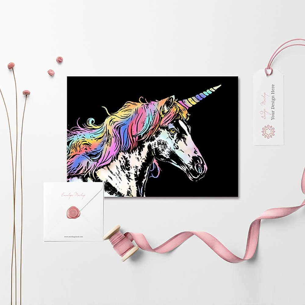 Rainbow Scratch Art Painting Paper (A4) for Kids & Adults, Night View Scratchboard, Art & Craft, Engraving Art Set: 4 Sheets Scratch Cards & Drawing Pen, Clean Brush (Unicorn / Flamingo / Cat / Deer)