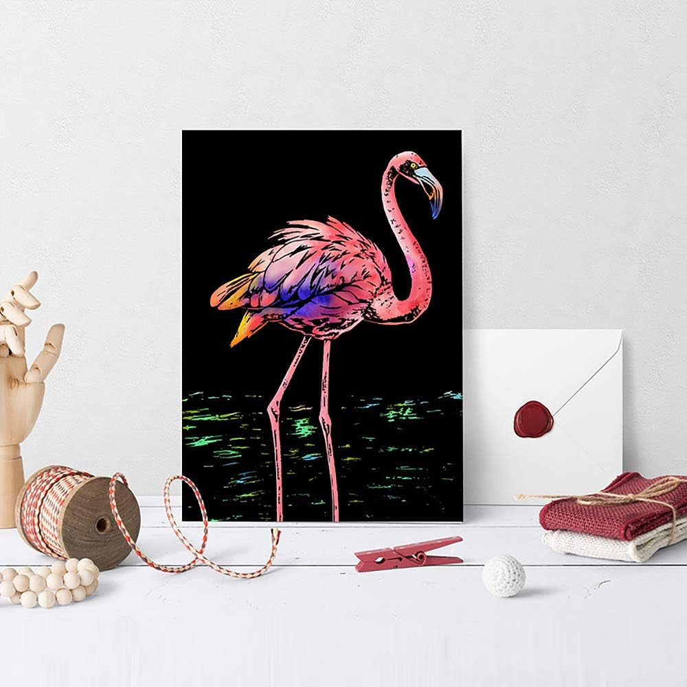 Rainbow Scratch Art Painting Paper (A4) for Kids & Adults, Night View Scratchboard, Art & Craft, Engraving Art Set: 4 Sheets Scratch Cards & Drawing Pen, Clean Brush (Unicorn / Flamingo / Cat / Deer)