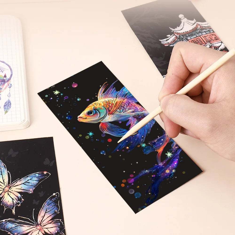 12 Pcs/Set DIY Scratch Painting Animal Bookmarks Colorful for Kids Portable Creative Doodle Art Toy Handmade Night Scene Art