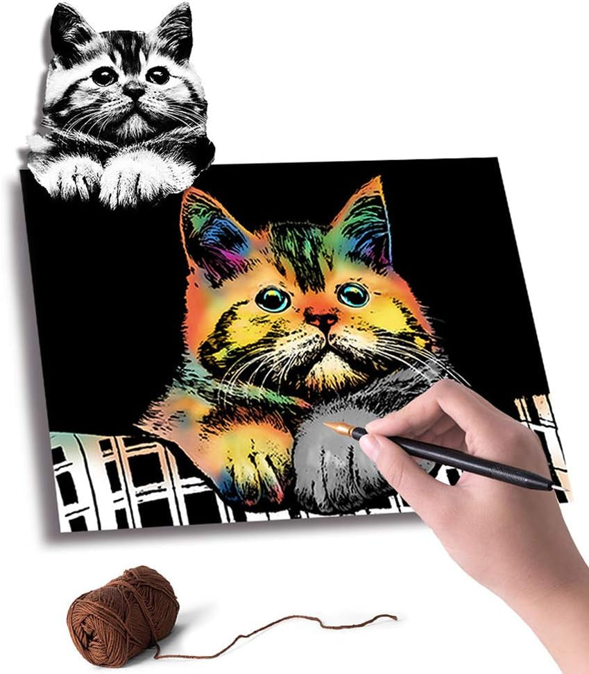 Rainbow Scratch Art Painting Paper (A4) for Kids & Adults, Night View Scratchboard, Art & Craft, Engraving Art Set: 4 Sheets Scratch Cards & Drawing Pen, Clean Brush (Unicorn / Flamingo / Cat / Deer)