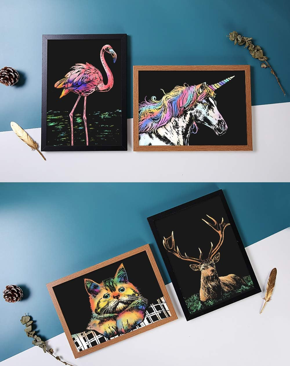 Rainbow Scratch Art Painting Paper (A4) for Kids & Adults, Night View Scratchboard, Art & Craft, Engraving Art Set: 4 Sheets Scratch Cards & Drawing Pen, Clean Brush (Unicorn / Flamingo / Cat / Deer)