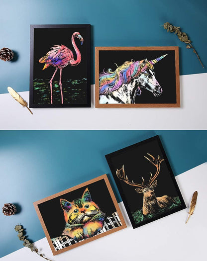 Rainbow Scratch Art Painting Paper (A4) for Kids & Adults, Night View Scratchboard, Art & Craft, Engraving Art Set: 4 Sheets Scratch Cards & Drawing Pen, Clean Brush (Unicorn / Flamingo / Cat / Deer)