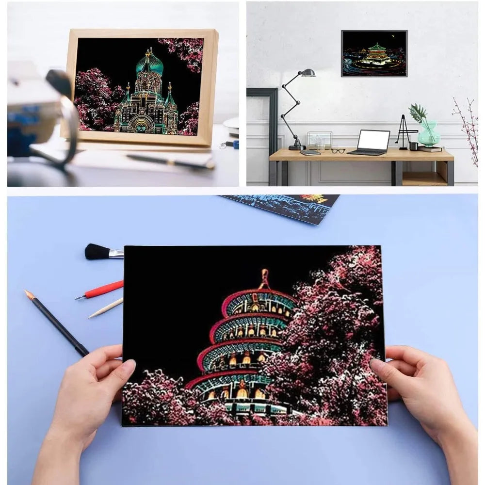 12 Pieces of Magic Scratch Painting Crafts DIY World Scenery Scratch Painting Paper Children Adult Stress Relief Toys DIY Gifts
