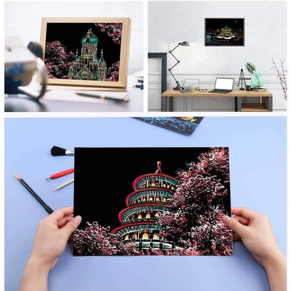 12 Pieces of Magic Scratch Painting Crafts DIY World Scenery Scratch Painting Paper Children Adult Stress Relief Toys DIY Gifts