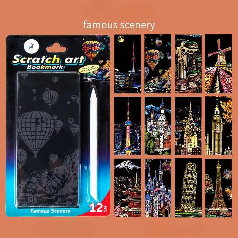 12 Pieces of Magic Scratch Painting Crafts DIY World Scenery Scratch Painting Paper Children Adult Stress Relief Toys DIY Gifts