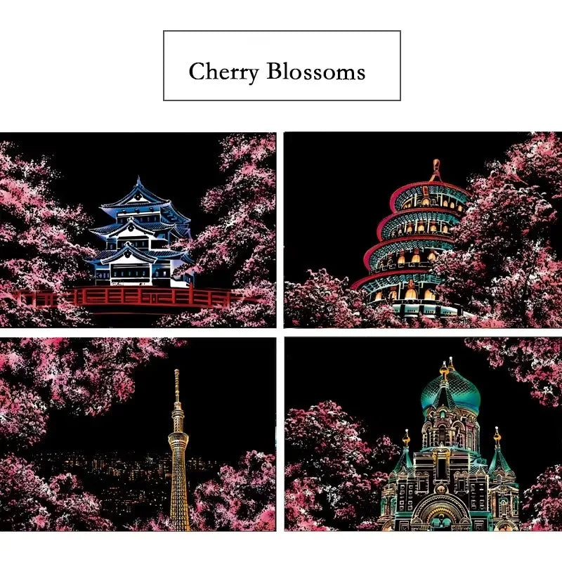 4 Pcs/Set A4 DIY Scraping Painting Creative World Famous Landscape City Building Animals Scratch Painting Drawing Toys