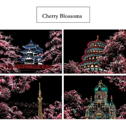 4 Pcs/Set A4 DIY Scraping Painting Creative World Famous Landscape City Building Animals Scratch Painting Drawing Toys