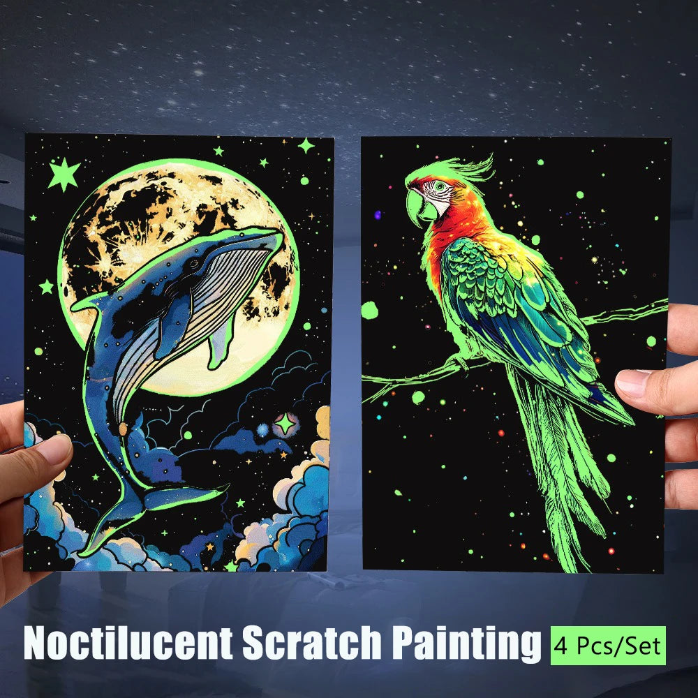 4 Pcs/Set A5 Noctilucent DIY Scratch Painting Castle Lanscape Cute Animal Night View Manual Scratch Painting Drawing