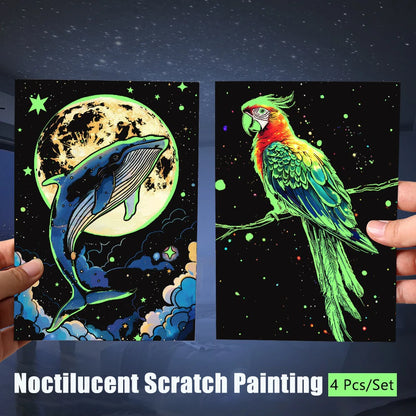 4 Pcs/Set A5 Noctilucent DIY Scratch Painting Castle Lanscape Cute Animal Night View Manual Scratch Painting Drawing