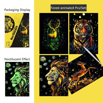 4 Pcs/Set A5 Noctilucent DIY Scratch Painting Castle Lanscape Cute Animal Night View Manual Scratch Painting Drawing