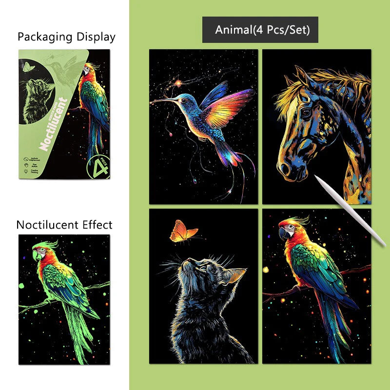 4 Pcs/Set A5 Noctilucent DIY Scratch Painting Castle Lanscape Cute Animal Night View Manual Scratch Painting Drawing