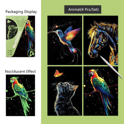 4 Pcs/Set A5 Noctilucent DIY Scratch Painting Castle Lanscape Cute Animal Night View Manual Scratch Painting Drawing