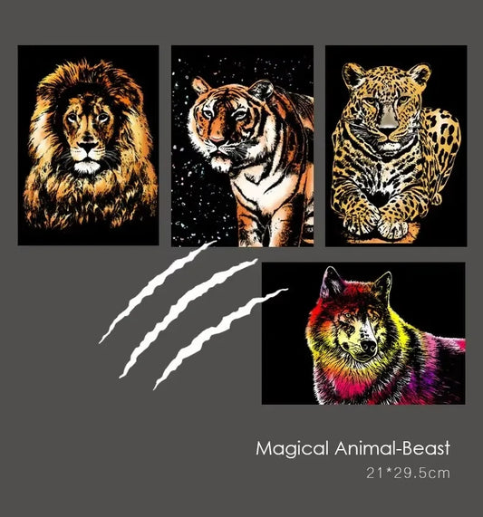 4 Pcs/Set A4 DIY Manual Scraping Painting Colorful Realistic Cartoon Animals Lion Wolf Flamingo Night View Scratch Drawing