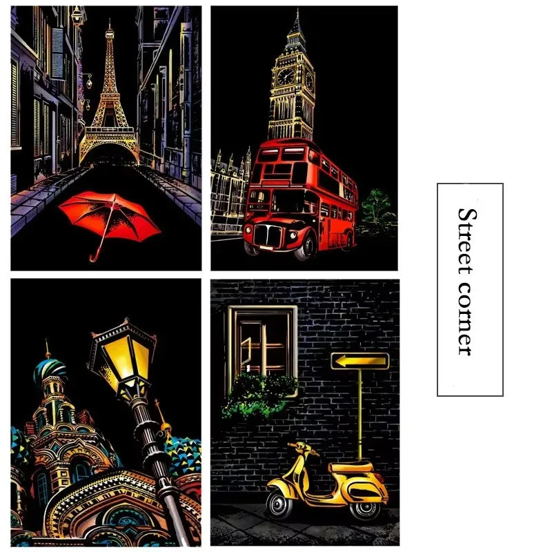 4 Pcs/Set A4 DIY Scraping Painting Creative World Famous Landscape City Building Animals Scratch Painting Drawing Toys