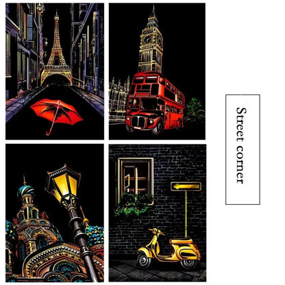 4 Pcs/Set A4 DIY Scraping Painting Creative World Famous Landscape City Building Animals Scratch Painting Drawing Toys
