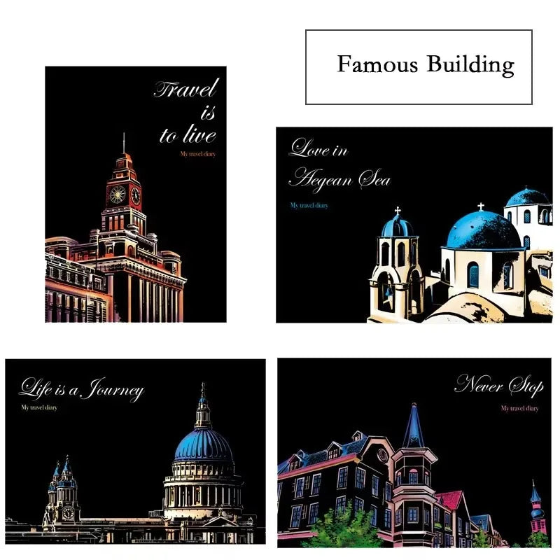 4 Pcs/Set A4 DIY Scraping Painting Creative World Famous Landscape City Building Animals Scratch Painting Drawing Toys