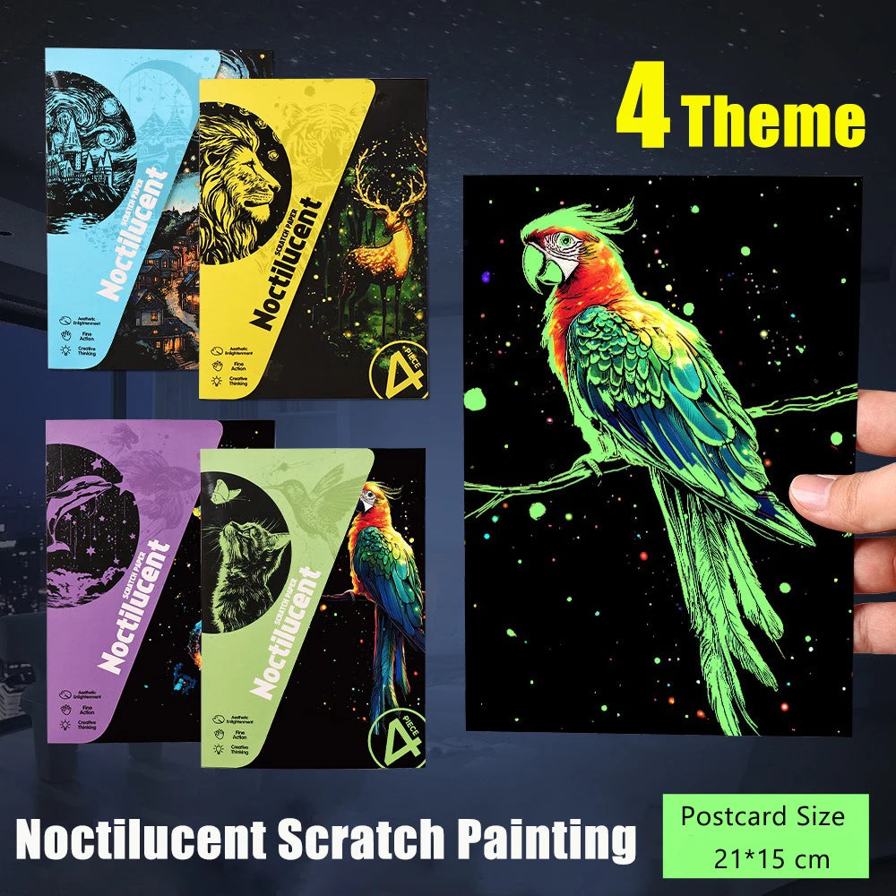 4 Pcs/Set A5 Noctilucent DIY Scratch Painting Castle Lanscape Cute Animal Night View Manual Scratch Painting Drawing