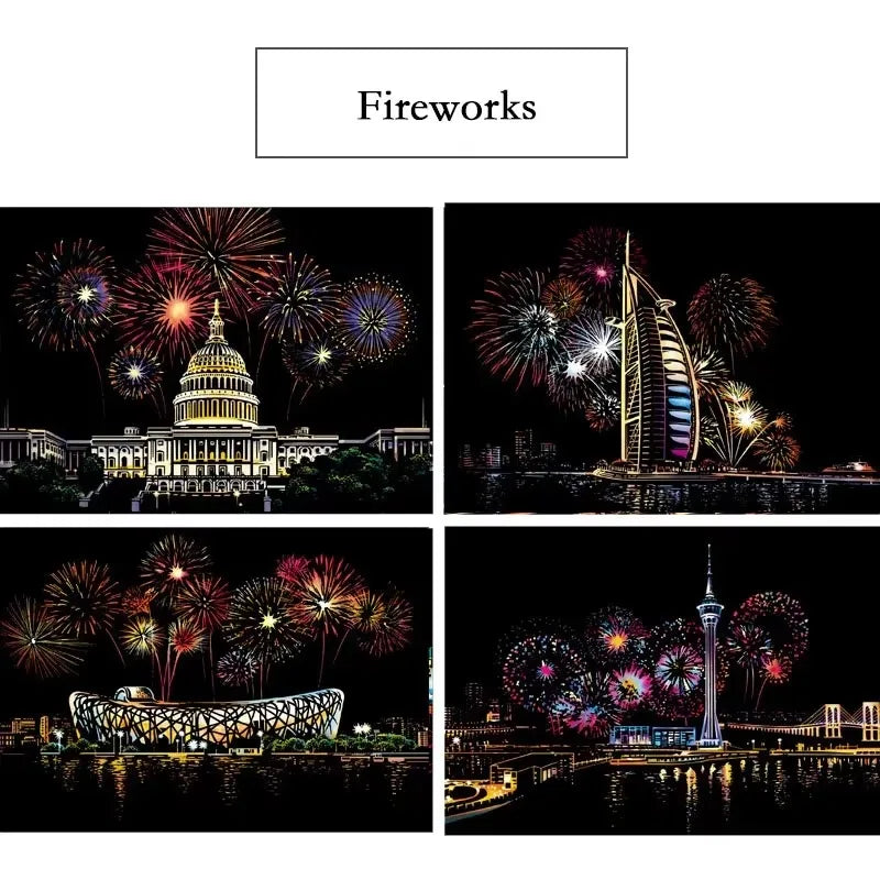 4 Pcs/Set A4 DIY Scraping Painting Creative World Famous Landscape City Building Animals Scratch Painting Drawing Toys