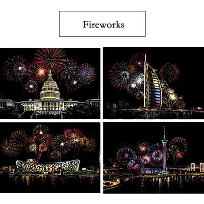 4 Pcs/Set A4 DIY Scraping Painting Creative World Famous Landscape City Building Animals Scratch Painting Drawing Toys