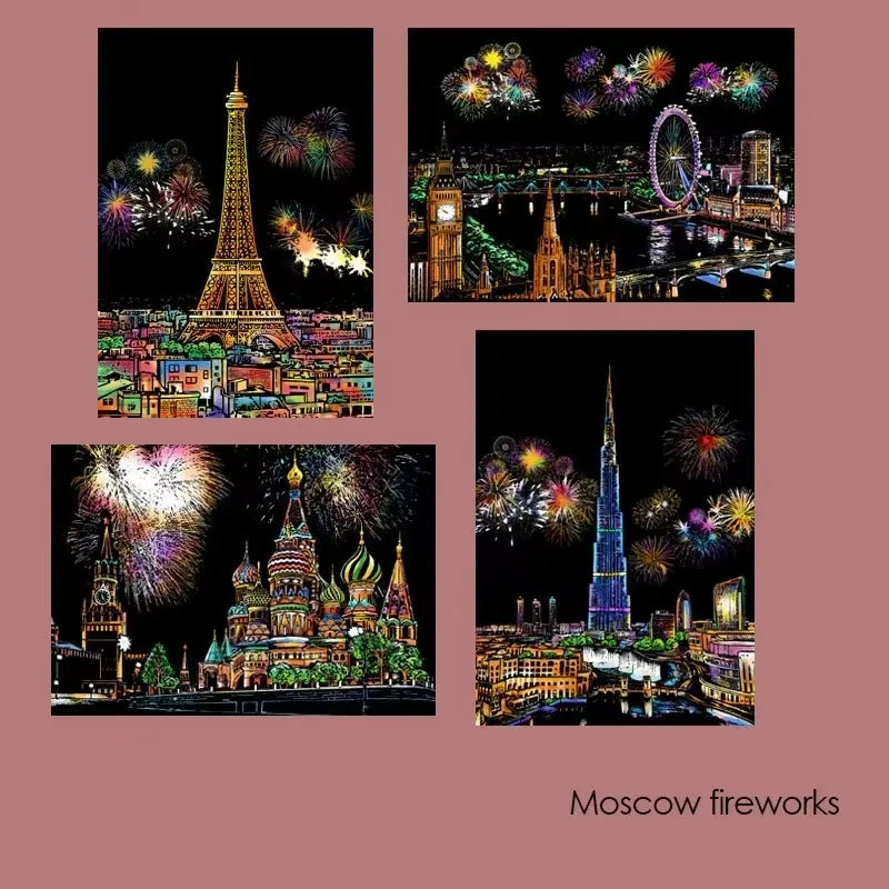 4 Pcs/Set A4 DIY Scraping Painting Creative World Famous Landscape City Building Animals Scratch Painting Drawing Toys