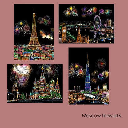 4 Pcs/Set A4 DIY Scraping Painting Creative World Famous Landscape City Building Animals Scratch Painting Drawing Toys
