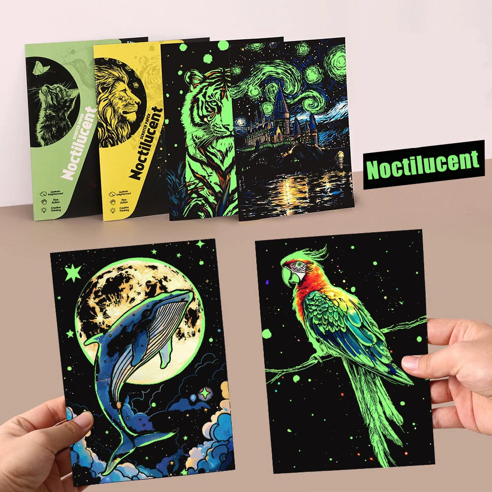 4 Pcs/Set A5 Noctilucent DIY Scratch Painting Castle Lanscape Cute Animal Night View Manual Scratch Painting Drawing