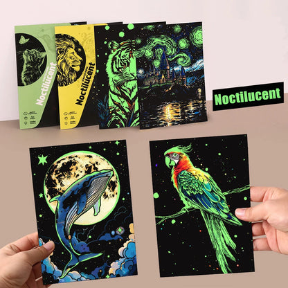 4 Pcs/Set A5 Noctilucent DIY Scratch Painting Castle Lanscape Cute Animal Night View Manual Scratch Painting Drawing