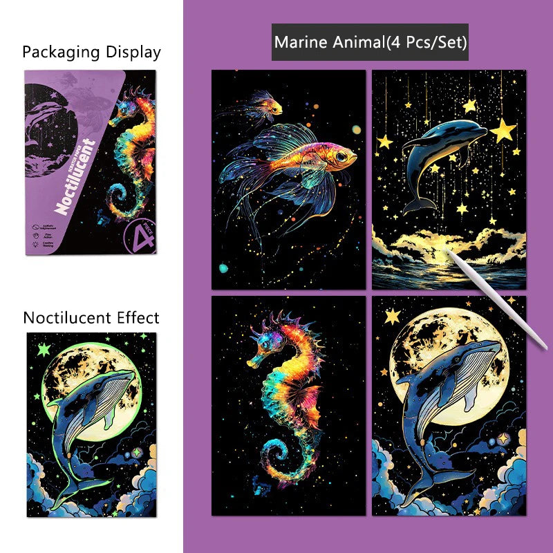 4 Pcs/Set A5 Noctilucent DIY Scratch Painting Castle Lanscape Cute Animal Night View Manual Scratch Painting Drawing