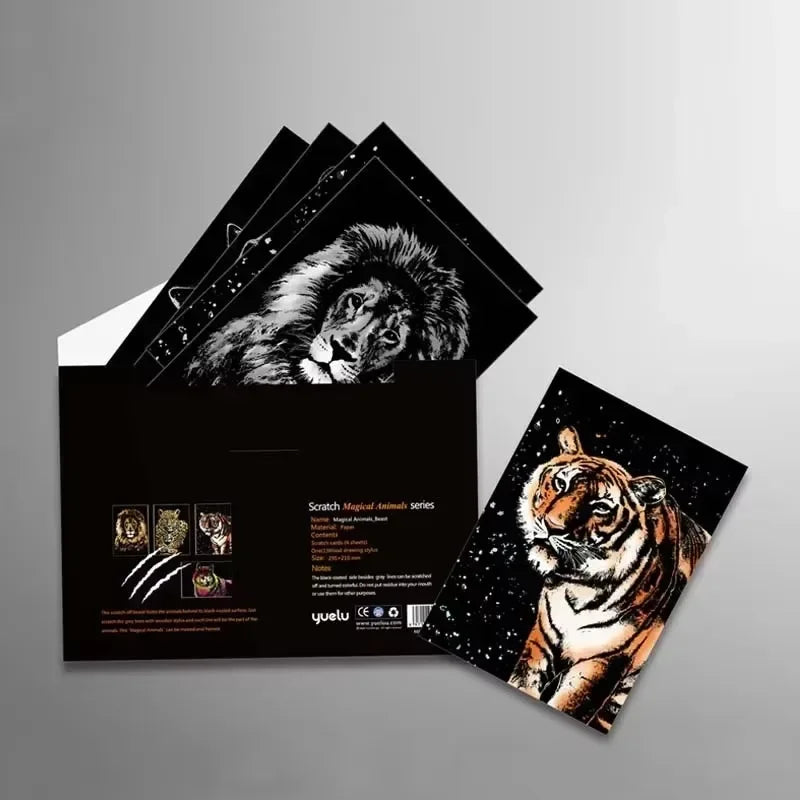 4 Pcs/Set A4 DIY Manual Scraping Painting Colorful Realistic Cartoon Animals Lion Wolf Flamingo Night View Scratch Drawing