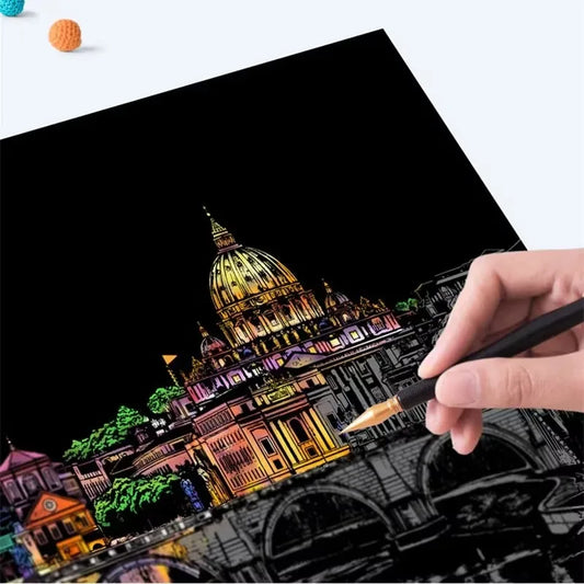 4 Pcs/Set A4 DIY Scraping Painting Creative World Famous Landscape City Building Animals Scratch Painting Drawing Toys