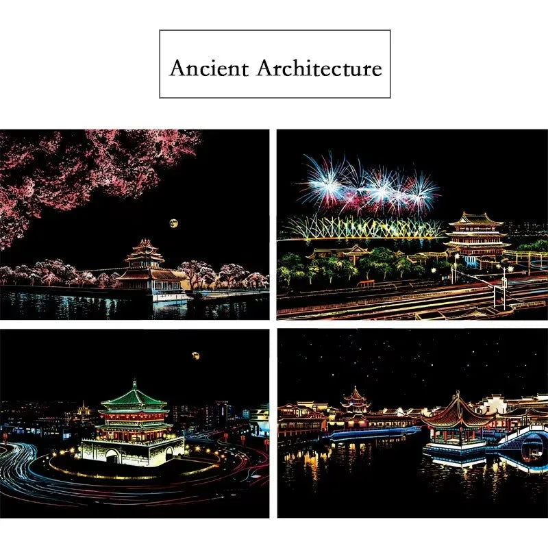 4 Pcs/Set A4 DIY Scraping Painting Creative World Famous Landscape City Building Animals Scratch Painting Drawing Toys