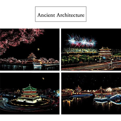 4 Pcs/Set A4 DIY Scraping Painting Creative World Famous Landscape City Building Animals Scratch Painting Drawing Toys