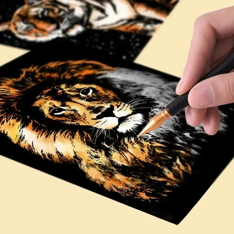 4 Pcs/Set A4 DIY Manual Scraping Painting Colorful Realistic Cartoon Animals Lion Wolf Flamingo Night View Scratch Drawing