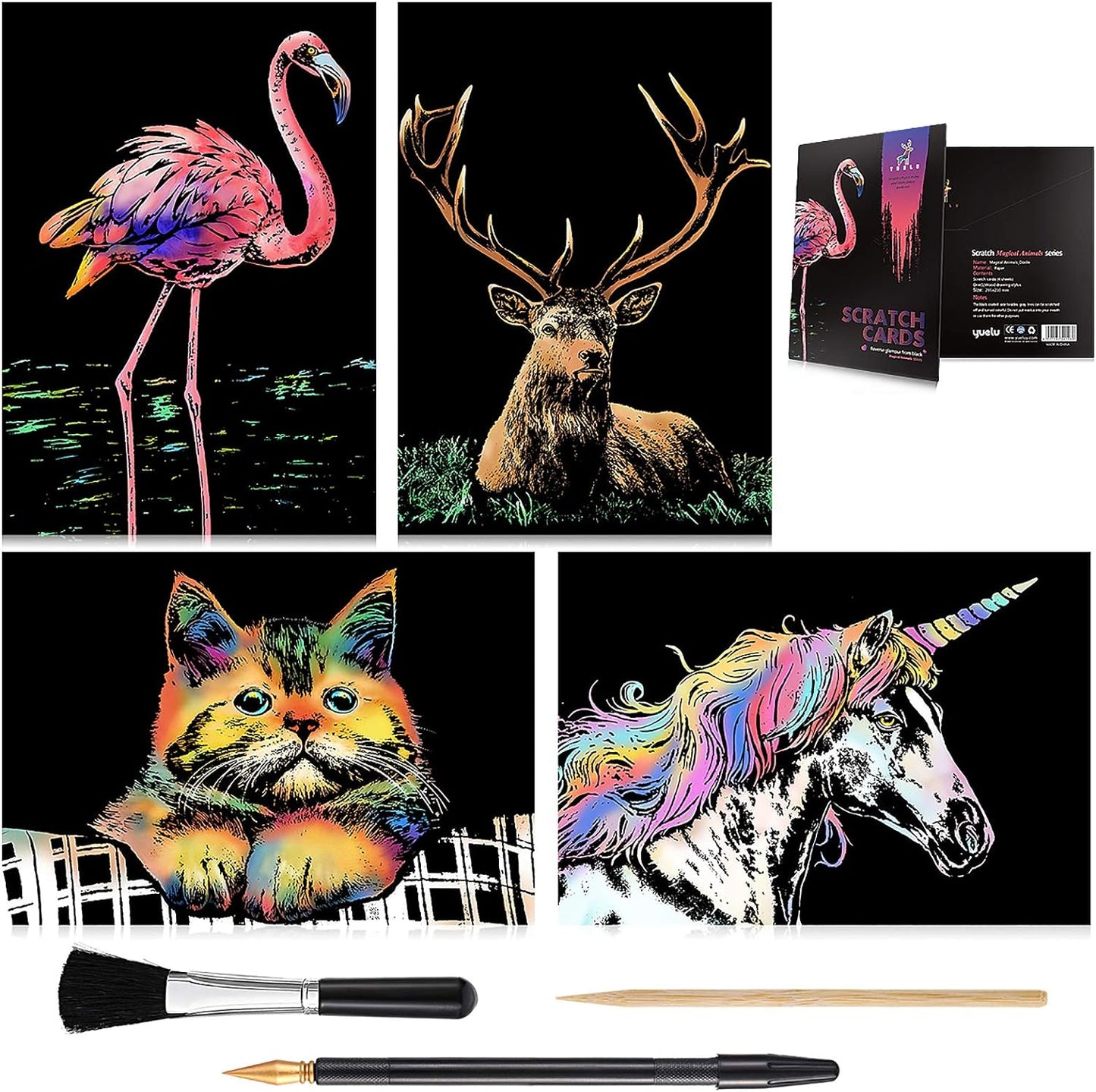 Rainbow Scratch Art Painting Paper (A4) for Kids & Adults, Night View Scratchboard, Art & Craft, Engraving Art Set: 4 Sheets Scratch Cards & Drawing Pen, Clean Brush (Unicorn / Flamingo / Cat / Deer)