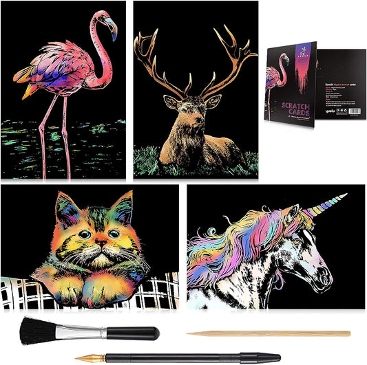 Rainbow Scratch Art Painting Paper (A4) for Kids & Adults, Night View Scratchboard, Art & Craft, Engraving Art Set: 4 Sheets Scratch Cards & Drawing Pen, Clean Brush (Unicorn / Flamingo / Cat / Deer)