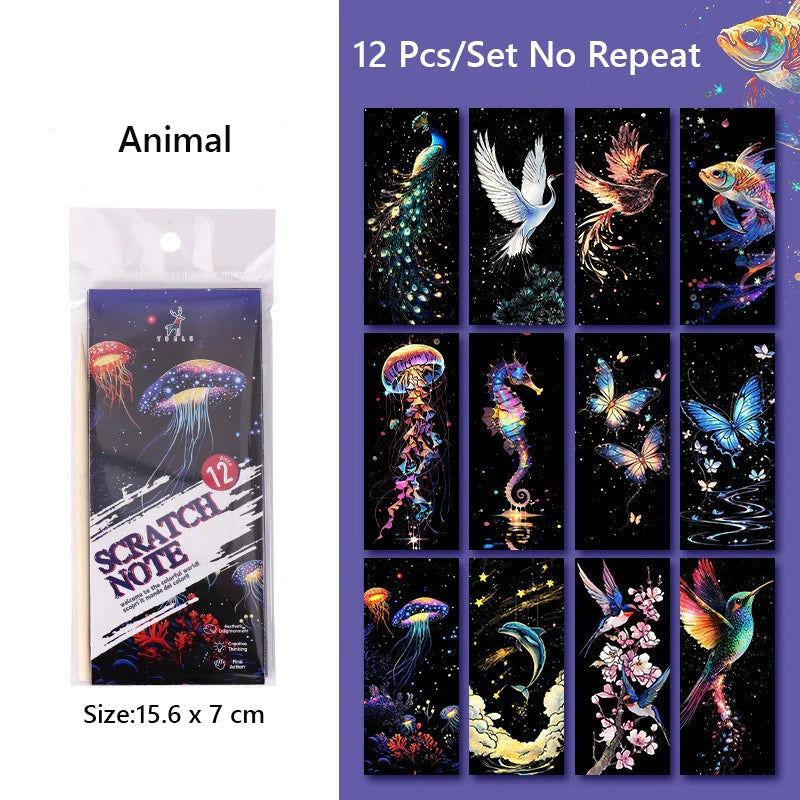 12 Pcs/Set DIY Scratch Painting Animal Bookmarks Colorful for Kids Portable Creative Doodle Art Toy Handmade Night Scene Art