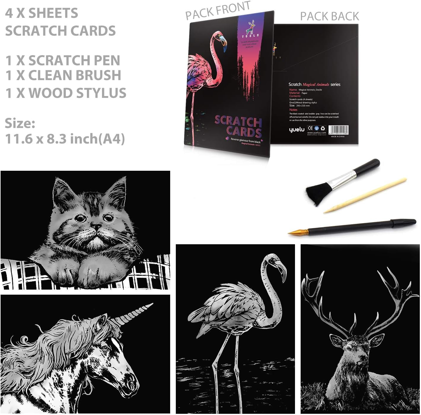 Rainbow Scratch Art Painting Paper (A4) for Kids & Adults, Night View Scratchboard, Art & Craft, Engraving Art Set: 4 Sheets Scratch Cards & Drawing Pen, Clean Brush (Unicorn / Flamingo / Cat / Deer)