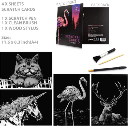 Rainbow Scratch Art Painting Paper (A4) for Kids & Adults, Night View Scratchboard, Art & Craft, Engraving Art Set: 4 Sheets Scratch Cards & Drawing Pen, Clean Brush (Unicorn / Flamingo / Cat / Deer)