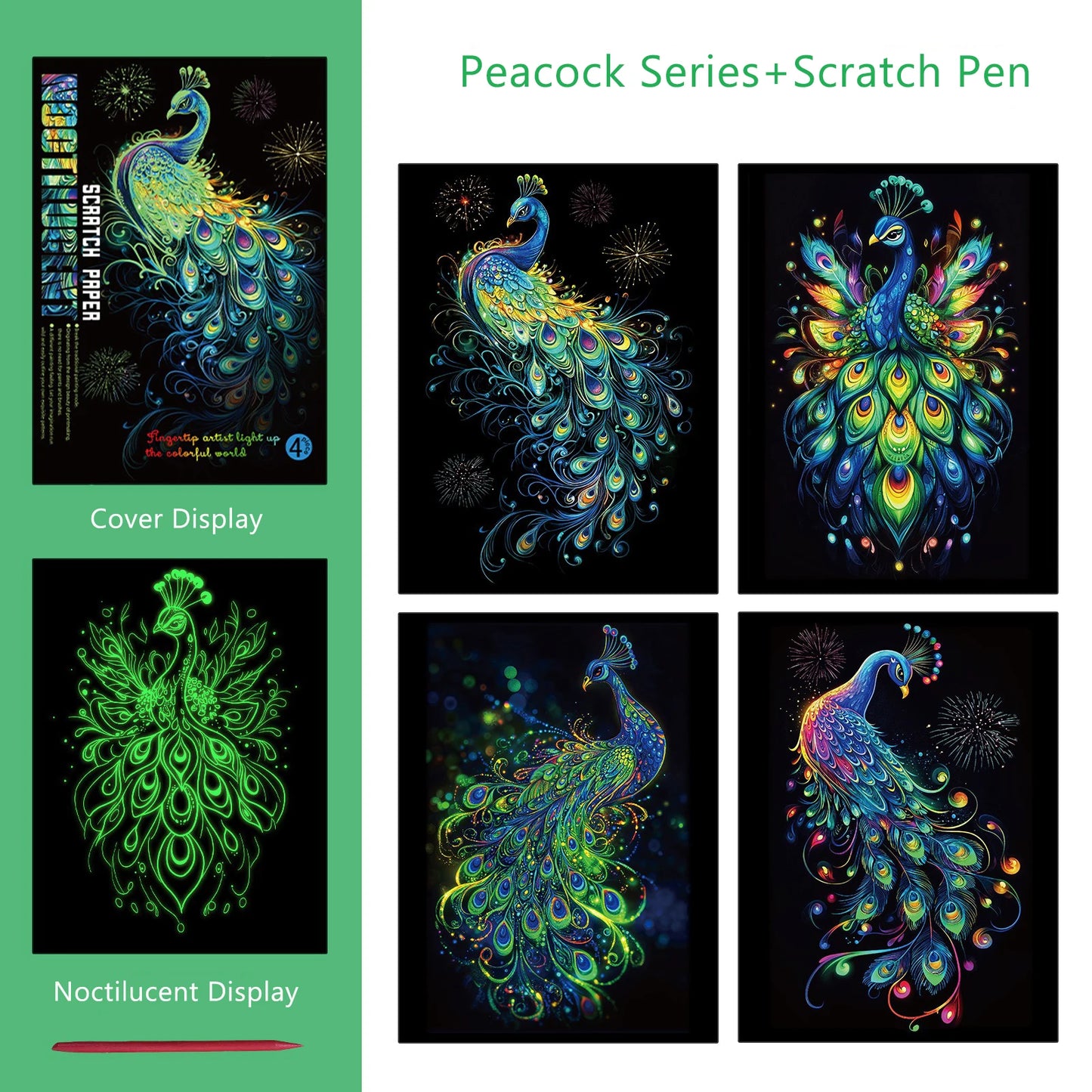 4 Pcs/Set A4 DIY Scratch Painting Sea World Butterfly Peacock Whale Noctilucent Scratch Painting Drawing Artistic Work