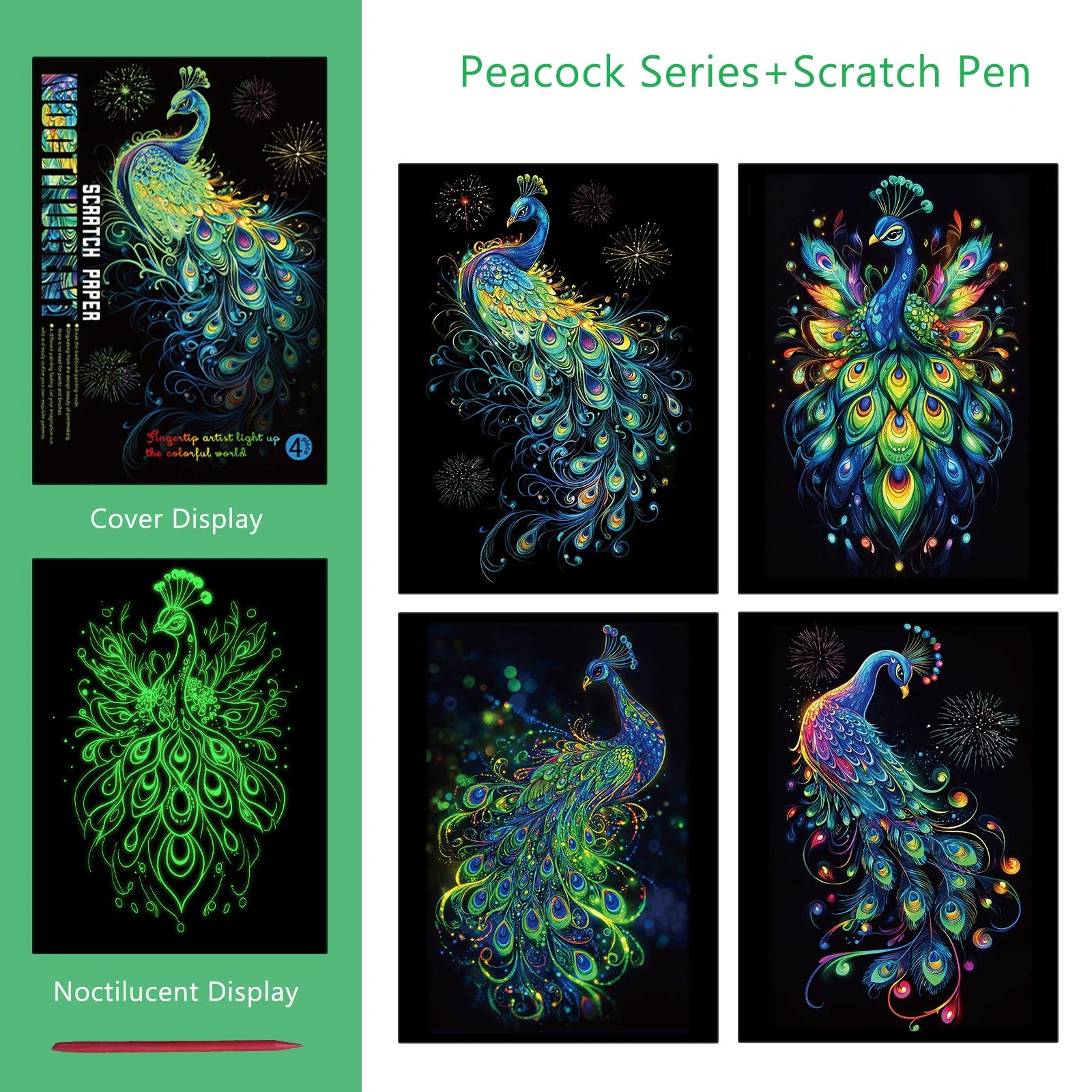 4 Pcs/Set A4 DIY Scratch Painting Sea World Butterfly Peacock Whale Noctilucent Scratch Painting Drawing Artistic Work