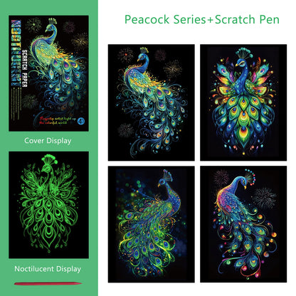 4 Pcs/Set A4 DIY Scratch Painting Sea World Butterfly Peacock Whale Noctilucent Scratch Painting Drawing Artistic Work